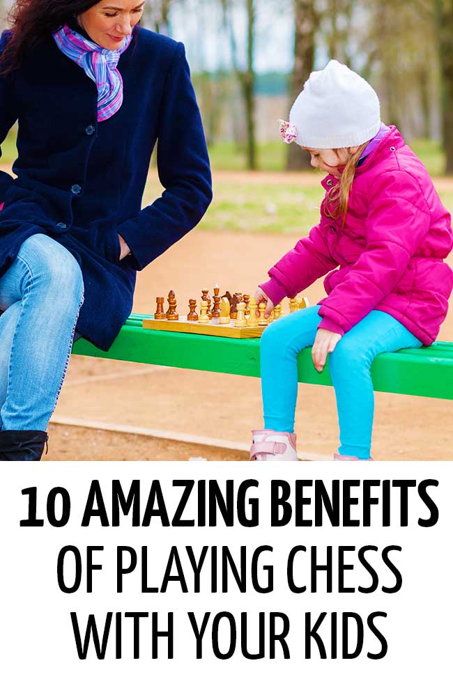 A mother and daughter playing chess outside on a park bench. #chess #kids #children #learn #STEM #games #activities #funlearning #chessforkids #familyfun