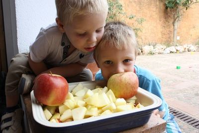 2 boys looking at some cut up apples