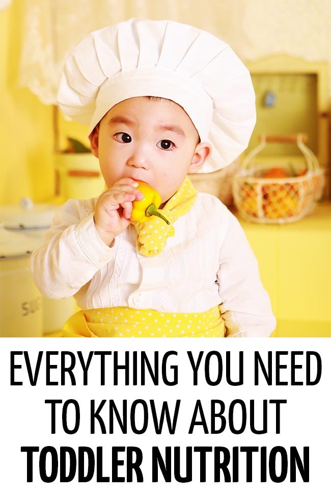 A toddler dressed up as a chef eating a yellow pepper. Everything you need to know about toddler nutrition!